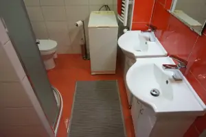 přízemní část - koupelna se sprchovým koutem, WC, 2 umyvadly a pračkou