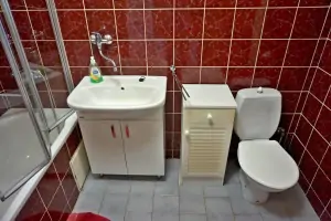 koupelna s vanou, umyvadlem, WC a pračkou v přízemí