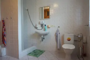 kopelna se sprchovým koutem, umyvadlem a WC v přízemí 