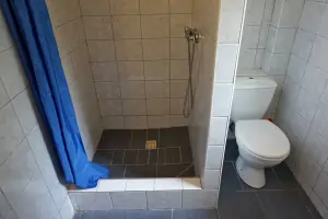 pravá část: koupelna se sprchovým koutem, umyvadlem a WC