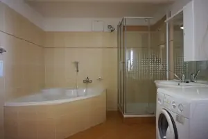 koupelna se sprchovým koutem, vanou, umyvadlem a pračkou v přízemí 