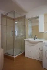 koupelna se sprchovým koutem, vanou, umyvadlem a pračkou v přízemí