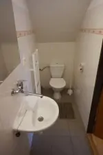 ložnice s dvojlůžkem a lůžkem v podkroví - k ložnici náleží koupelna se sprchovým koutem, umyvadlem a WC