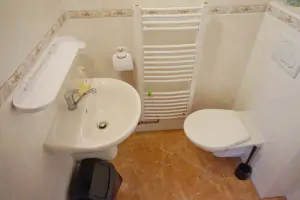 k ložnici s dvojlůžkem v přízemí náleží koupelna se sprchovým koutem, umyvadlem a WC