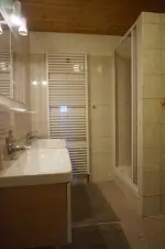 koupelna se sprchovým koutem a 2 umyvadly