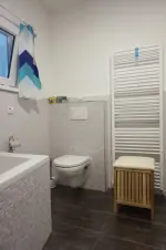 koupelna s vanou, sprchovým koutem, WC a umyvadlem