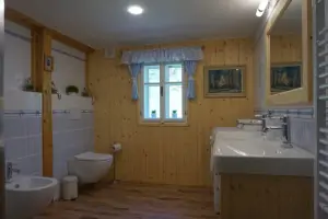 koupelna se sprchovým koutem, 2 umyvadly, WC, bidetem a pračkou v podkroví