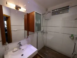 koupelna se sprchovým koutem a umyvadlem v apartmánu
