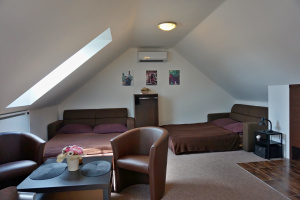 ložnice se 2 rozkládacími gauči (oba pro 2 osoby), lůžkem, TV a klimatizační jednotkou