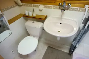 koupelna je vybavena sprchovým koutem, umvyvadlem a WC