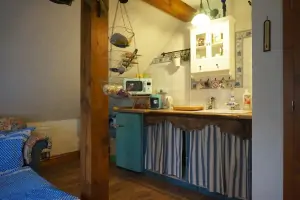 kuchyňský kout je součástí ložnice v podkroví