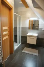 koupelna se sprchovým koutem, umyvadlem a WC v 1-pokojovém apartmánu v podkroví