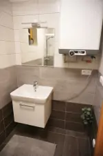 koupelna se sprchovým koutem a umyvadlem ve 2-pokojovém apartmánu v přízemí