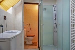 koupelna se sprchovým koutem, umyvadlem, pračkou a odděleným WC