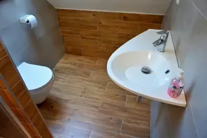 apartmán č. 3 - koupelna se sprchovým koutem, umyvadlem a WC