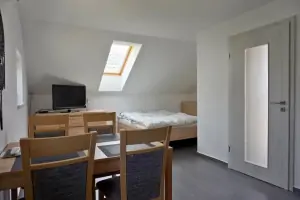 pokoj (ložnice) v podkroví chaty s dvojlůžkem a rozkládací postelí pro 2 osoby