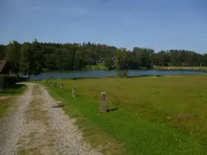 příjezdová cesta k chatě, ve vzdálenosti pouhých 50 m se nachází rybník Kachlička