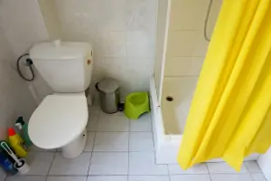 sprchový kout a WC v koupelně v podkroví