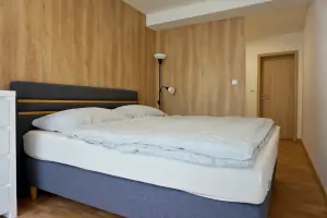 ložnice s dvojlůžkem a patrovou postelí 
