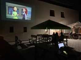 večerní projekce filmů z terasy na fasádu domu (soukromé letní kino)