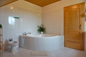 koupelna s vanou, umyvadlem, WC a bidetem v podkroví