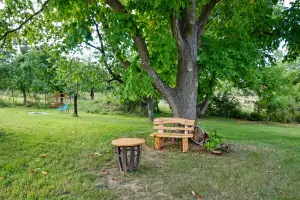 lavička pod velkým stromem na zahradě chalupy Kadešice