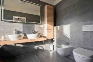 koupelna za ložnicí s vanou, 2 umyvadly, WC a bidetem