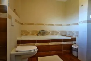 koupelna s vanou, dvojumyvadlem a WC v podkroví