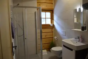 apartmán č. 1 - koupelna se sprchovým koutem, umyvadlem a WC