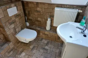 koupelna se sprchovým koutem, umyvadlem a WC v podkroví (koupelna č. 2)