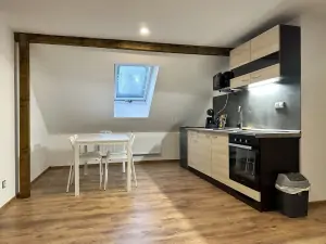 apartmán č. 4 - obytný pokoj s kuchyňským a jídelním koutem a sedací soupravou s TV