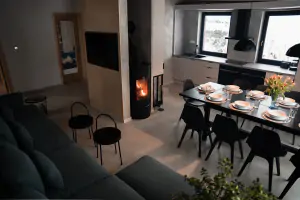 obývací místnost se sedací soupravou s TV, krbovými kamny, vstupem na terasu a kuchyňským a jídelním koutem