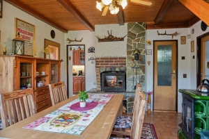 jídelna se stolem, židlemi, chytrou TV, krbem, krbovými kamny a klimatizační jednotkou