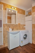 koupelna se sprchovým koutem, umyvadlem, WC a pračkou