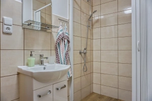 koupelna se sprchovým koutem, umyvadlem a WC