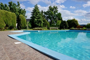 zapuštěný bazén (cca 11 m x 9 m a s hloubkou od 1,2 m do 1,9 m)