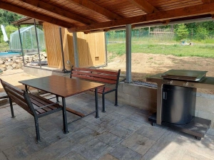 zastřešená terasa s posezením, el. gril a finská sauna