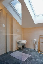 koupelna se sprchovým koutem, umyvadlem, WC a pračkou