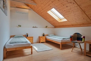 ložnice se 2 lůžky, chytrou TV (Netflix, Youtube Premium) a klimatizační jednotkou