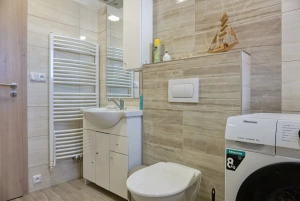 koupelna se sprchovým koutem, umyvadlem, WC a pračkou
