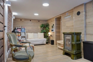 wellness místnost - finská sauna, krbová kamna, rozkládací křeslo (přistýlka pro 2 osoby), koupelna (sprchový kout, umyvadlo, WC)