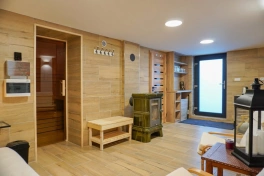 wellness místnost - finská sauna, krbová kamna, rozkládací křeslo (přistýlka pro 2 osoby), koupelna (sprchový kout, umyvadlo, WC)