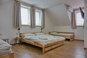 ložnice s dvojlůžkem, 2 lůžky a vlastní koupelnou v podkroví