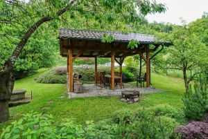pergola se zahradním nábytkem a přenosným grilem