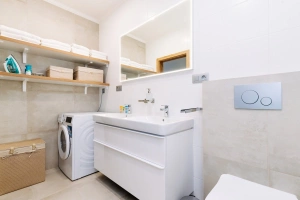 koupelna se sprchovým koutem, dvojumyvadlem, WC a pračkou se sušičkou
