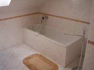 Koupelna je vybavena vanou, sprchovým koutem, WC a umyvadlem 