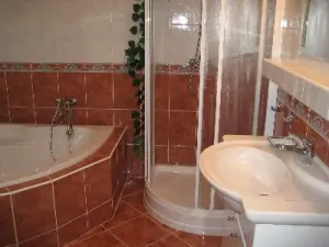 V koupelně v přízemí se nachází rohová vana, sprchový kout a umyvadlo