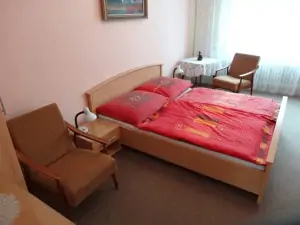 ložnice s manželskou postelí a lůžkem