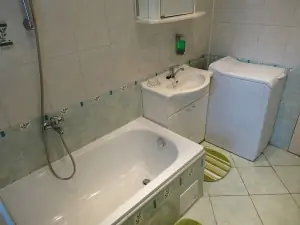 koupelna s vanou, umyvadlem a pračkou v přízemí