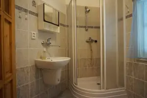 druhá část chalupy - koupelna se sprchovým koutem, umyvadlem a WC